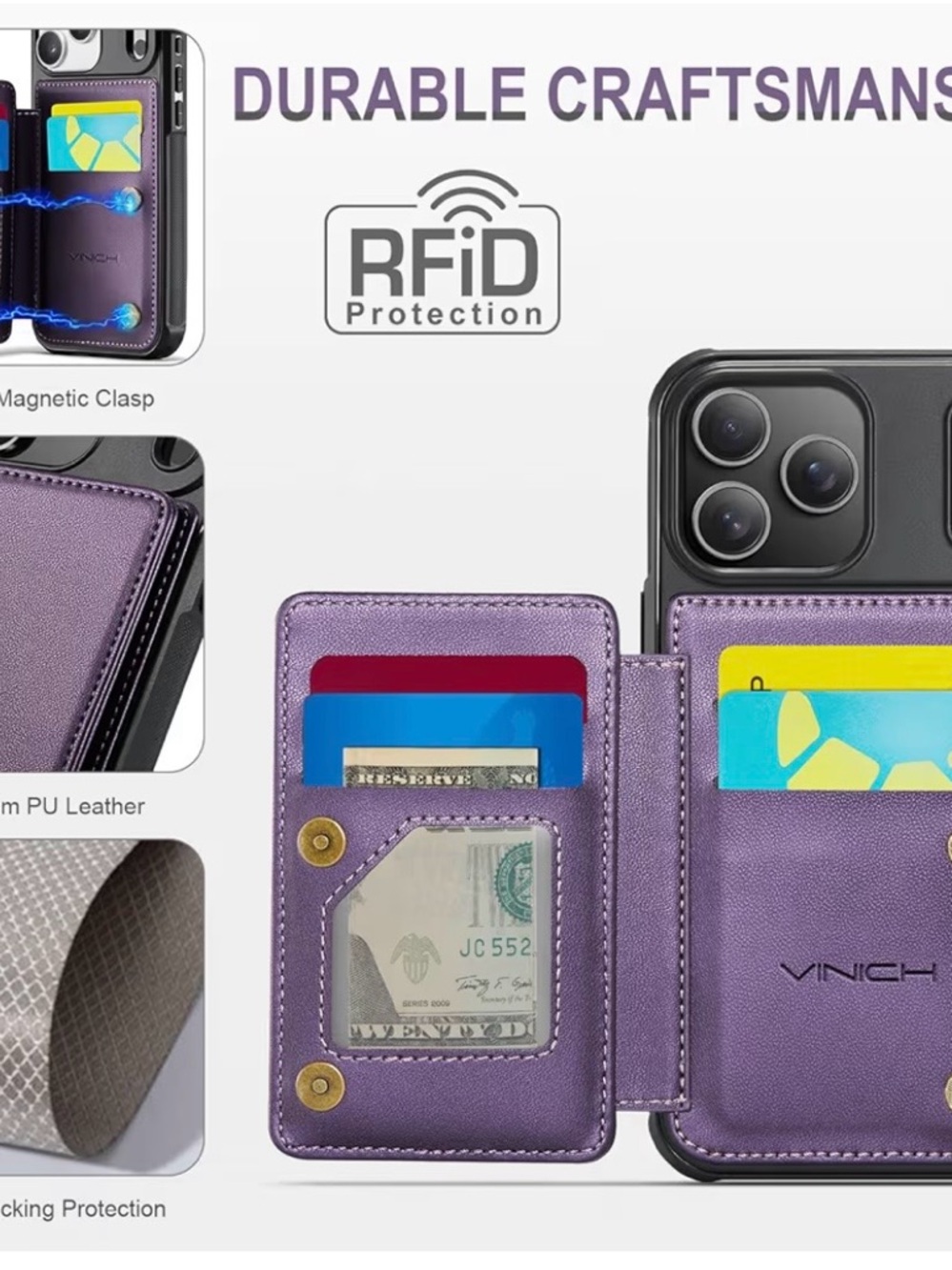 Purple RFID Wallet Phone Case with Card Slots